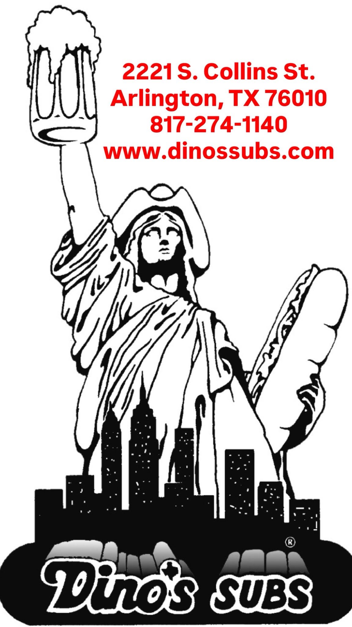 Dino's classic skyline graphic with the raised beer mug and sub